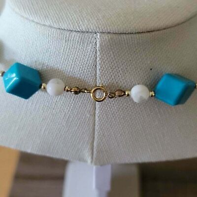 Vintage Blue Cube and White Bead Necklace Retro Chunky Geometric Beaded Jewelry