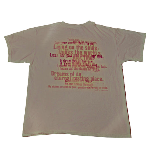 Back of vintage 1994 Megadeth R.I.P. band T-shirt with printed song lyrics in red and gold text.