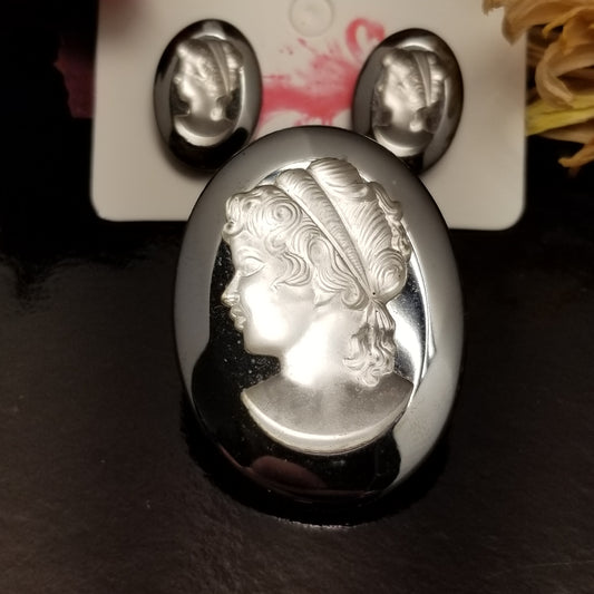 Grey Glass Cameo Earring & Brooch Set