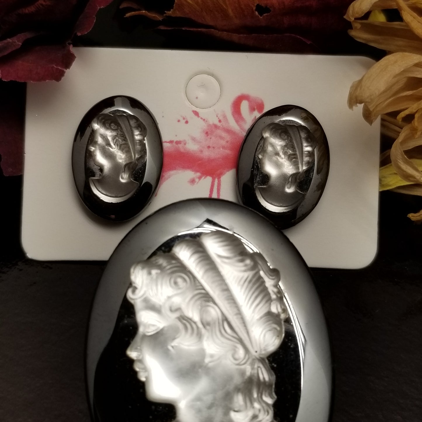 Grey Glass Cameo Earring & Brooch Set