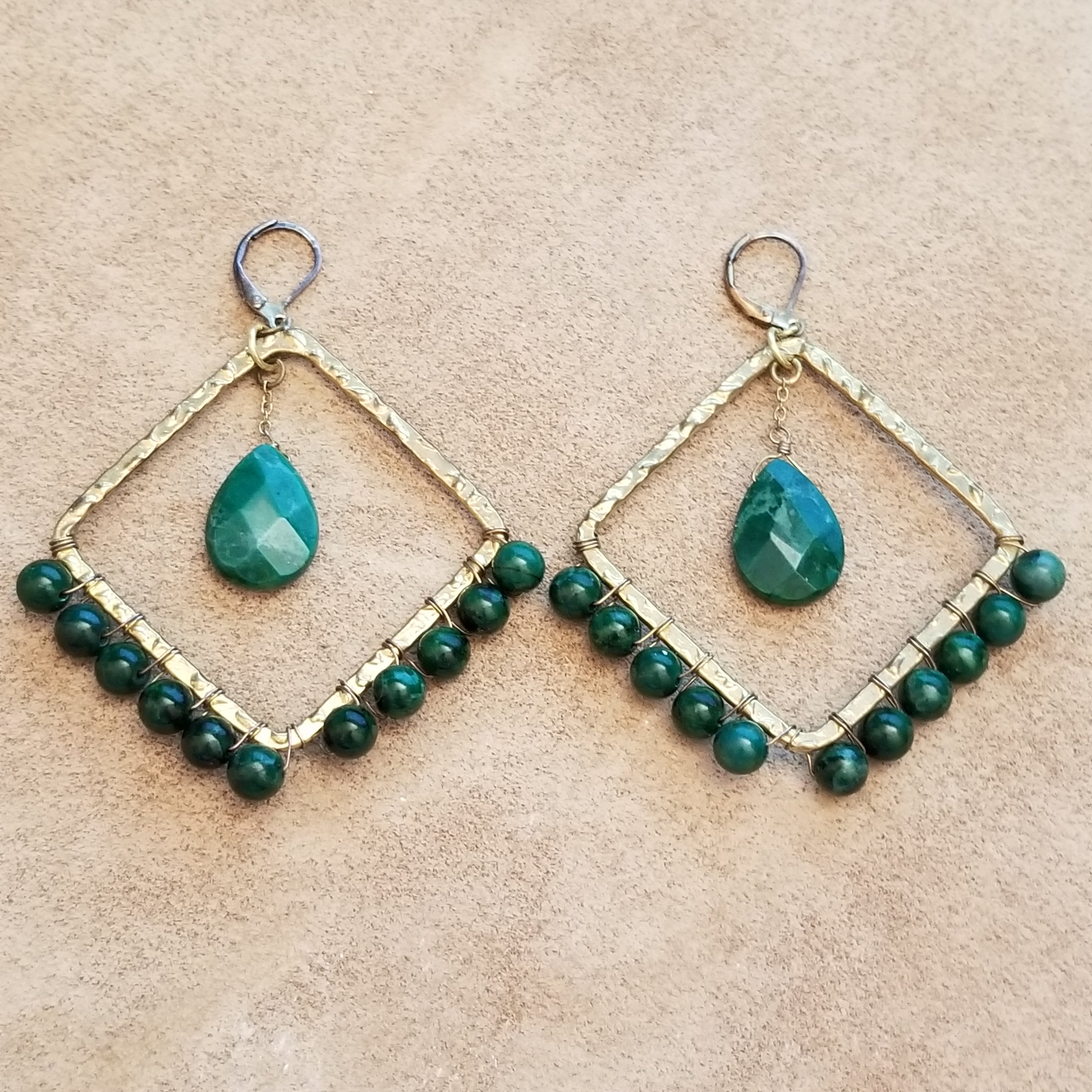 Green & Gold Wire Wrapped Bead Square Earrings