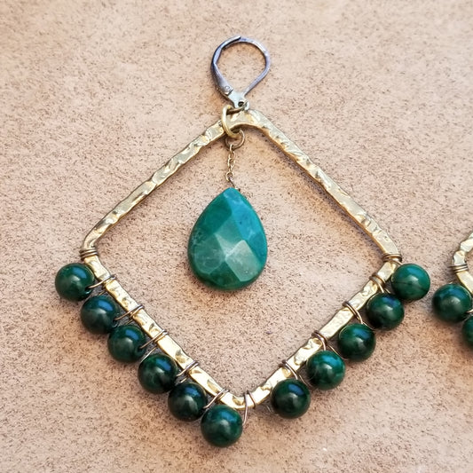 Green & Gold Wire Wrapped Bead Square Earrings