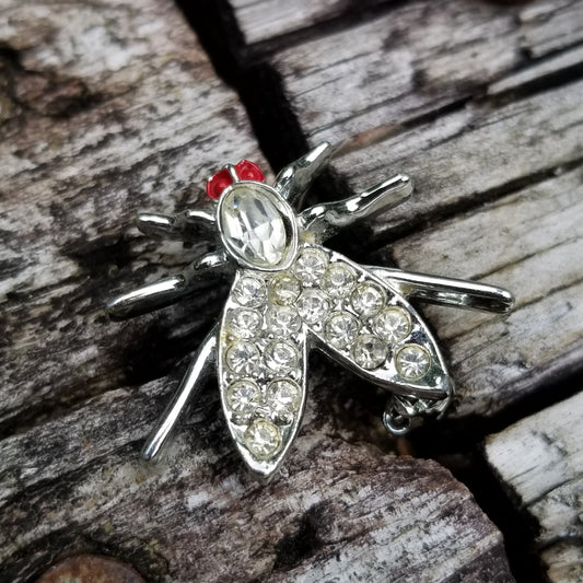 Silver Tone Rhinestone Fly Brooch