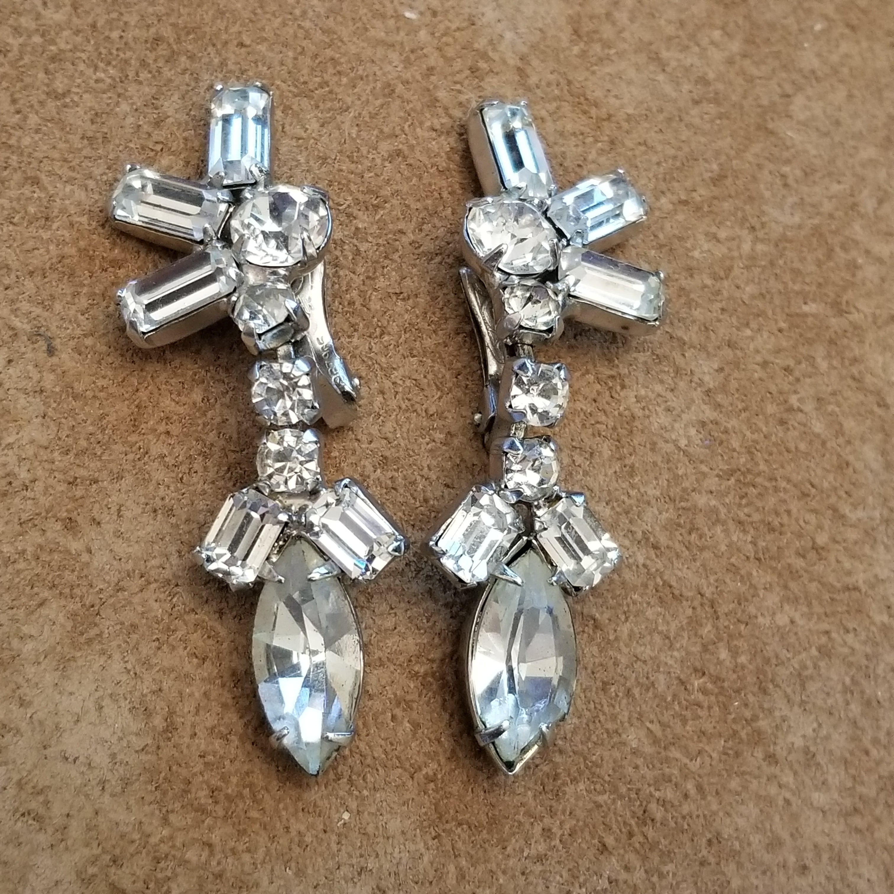 Vintage Silver Tone Rhinestone Clip On Earrings