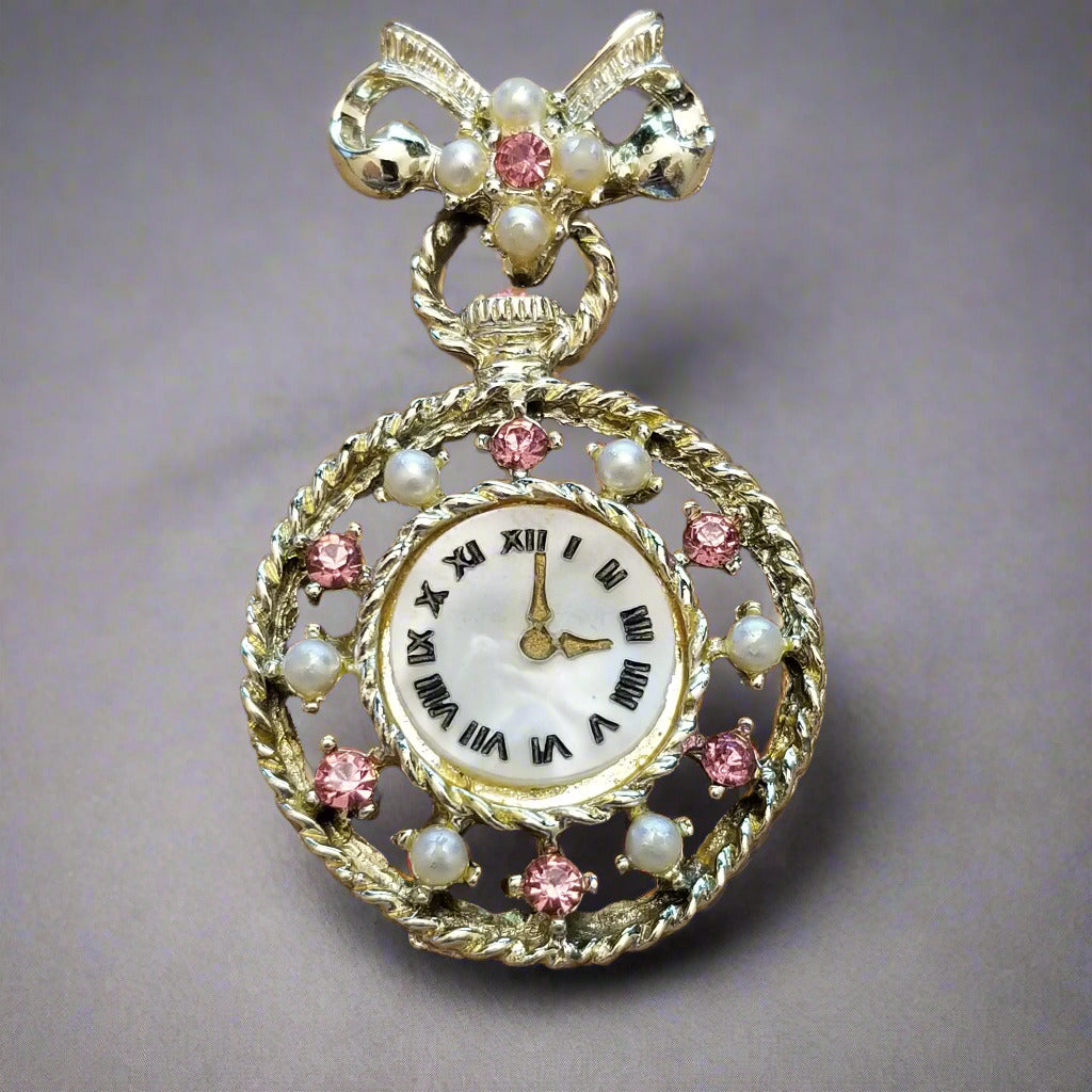 Gold Tone Faux Clock Brooch