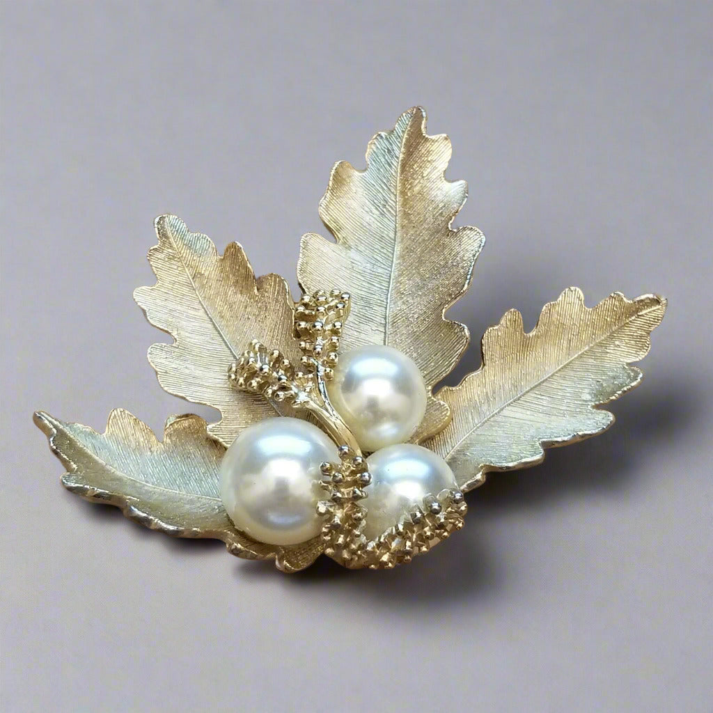 Vintage Gold Tone Simulated Pearl Leaf Brooch
