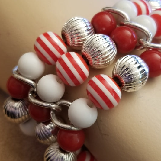 Red Candycane Stretch Bead Bracelet