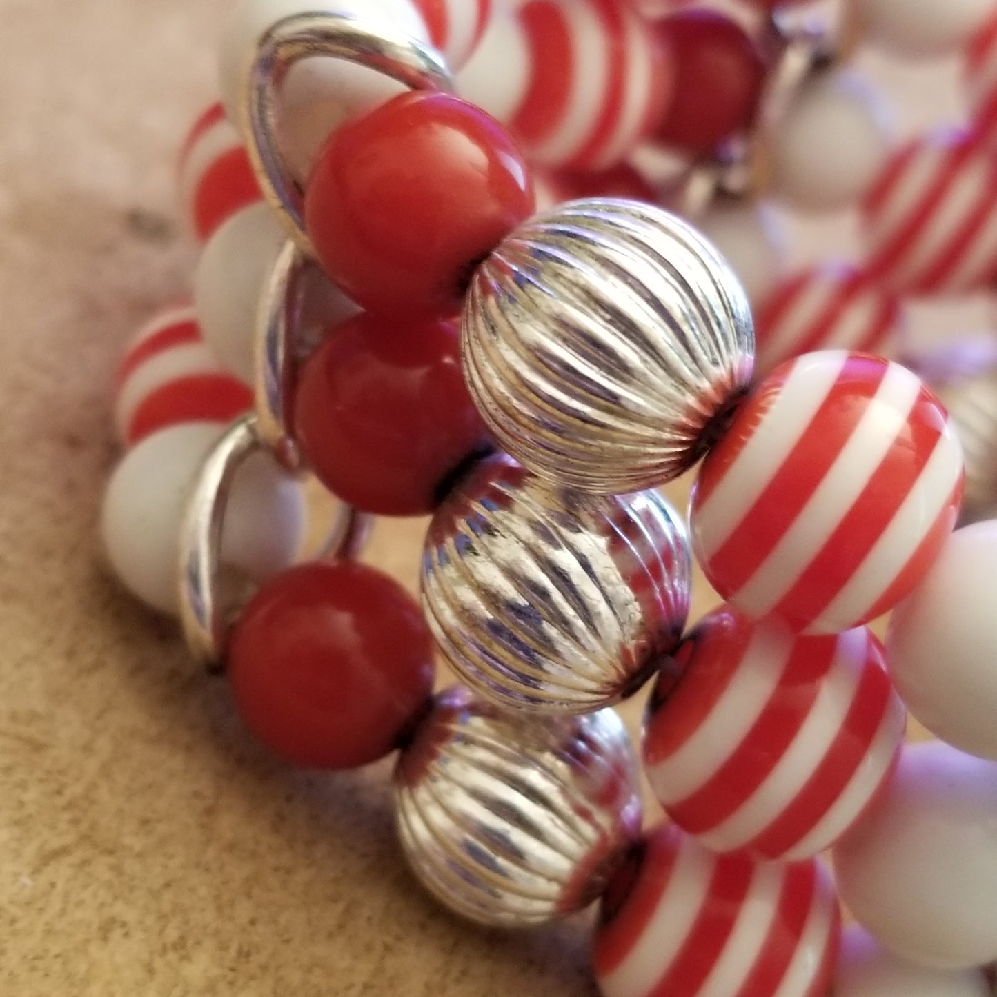 Red Candycane Stretch Bead Bracelet