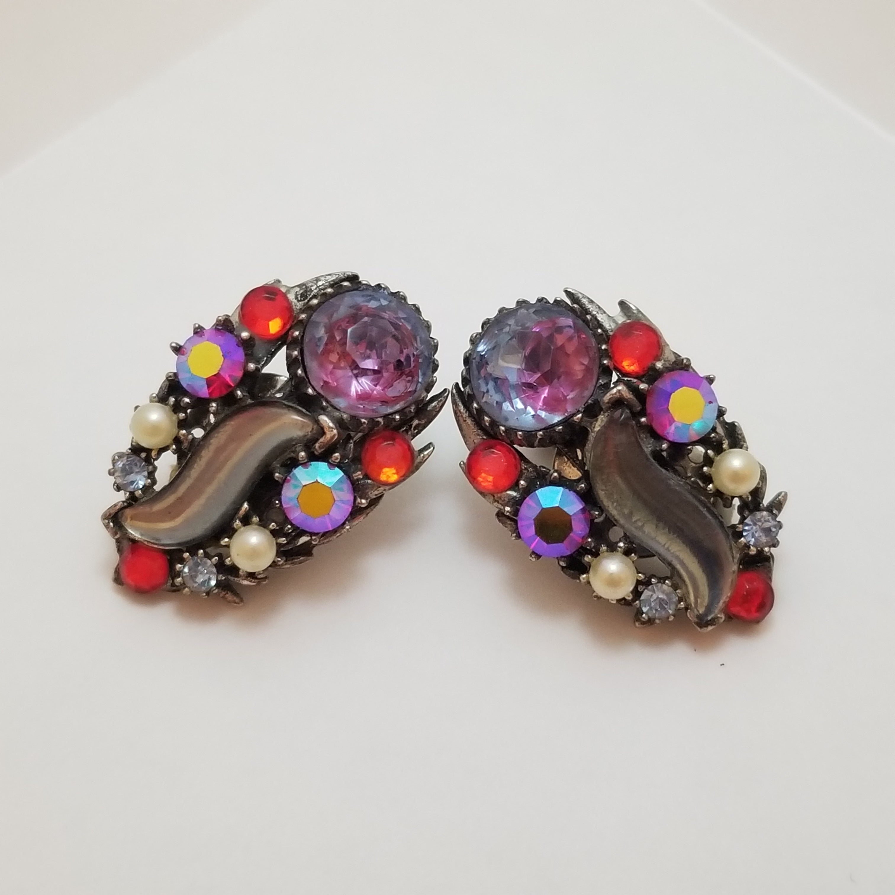 Vintage Starburst Glass Clip On Earrings Signed Florenza