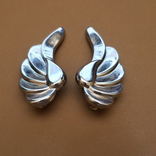 Vintage Marino Silver Tone Wing Clip-On Earrings – Sculpted Feather Design