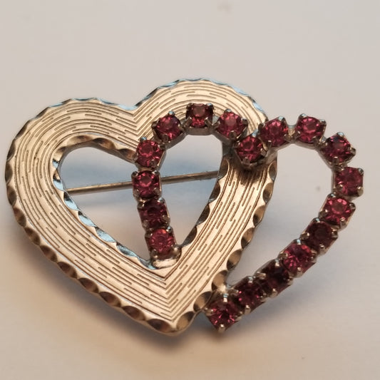 Silver Tone Double Hear Rhinestone Brooch