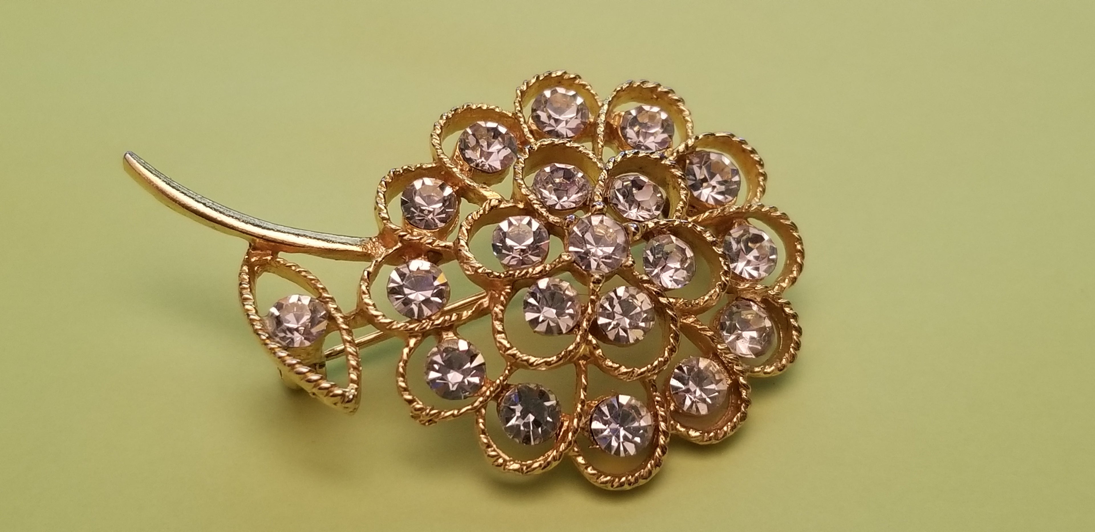 Gold Tone Rhinestone Flower Brooch