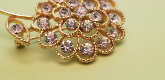Gold Tone Rhinestone Flower Brooch