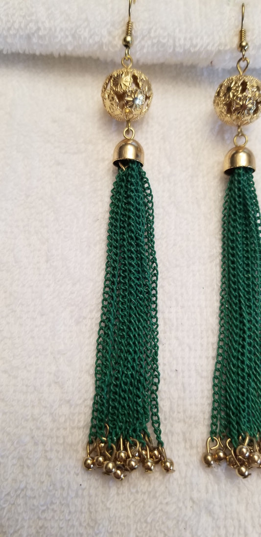 Green & Gold Chain Fringe Earrings