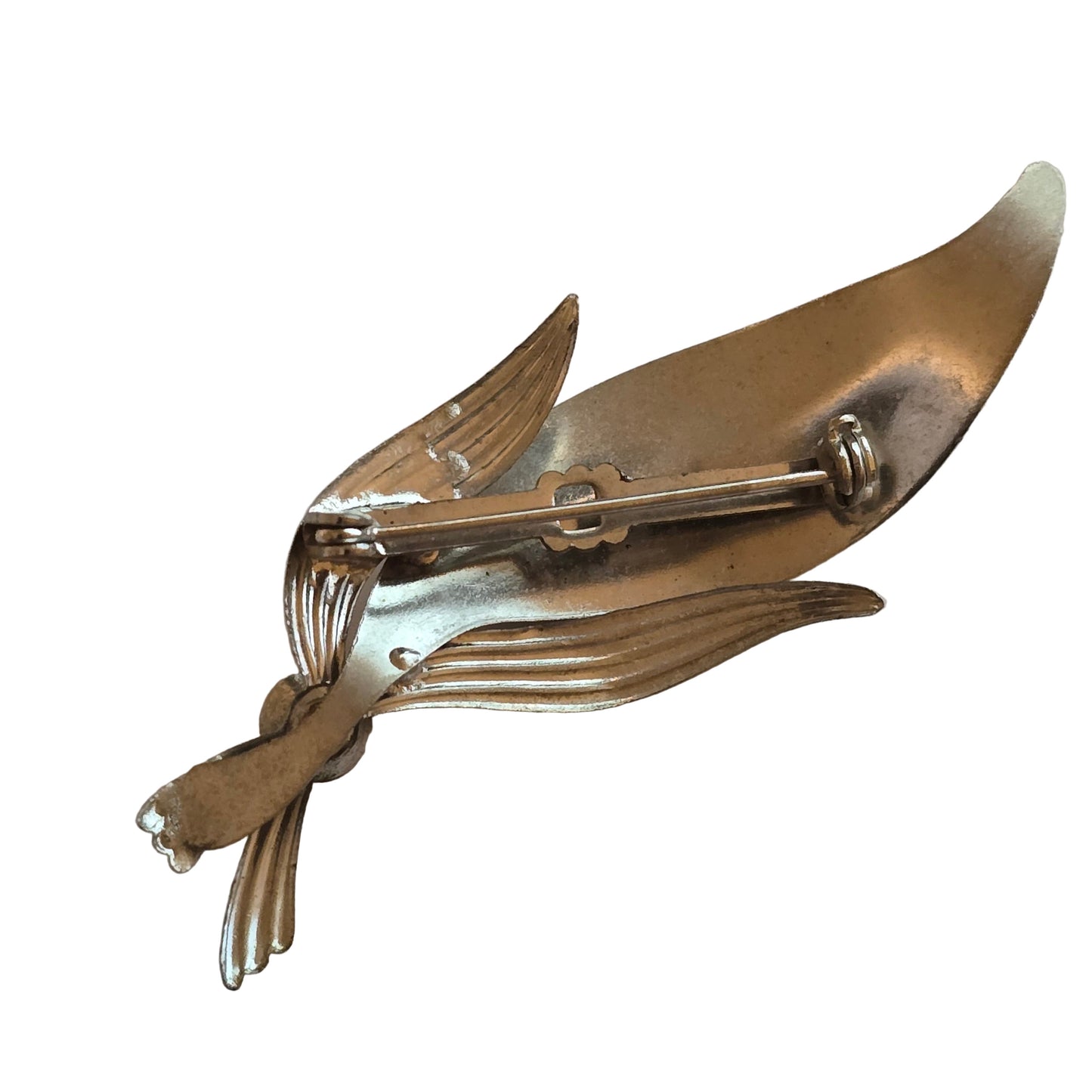 Vintage Silver Tone Leaf Brooch with Faux Pearl Accent Mid-Century Jewelry