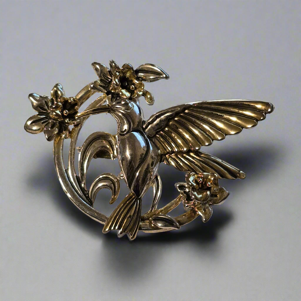 Vintage Hummingbird Brooch – Silver & Gold-Tone Floral Design