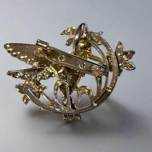 Vintage Hummingbird Brooch – Silver & Gold-Tone Floral Design