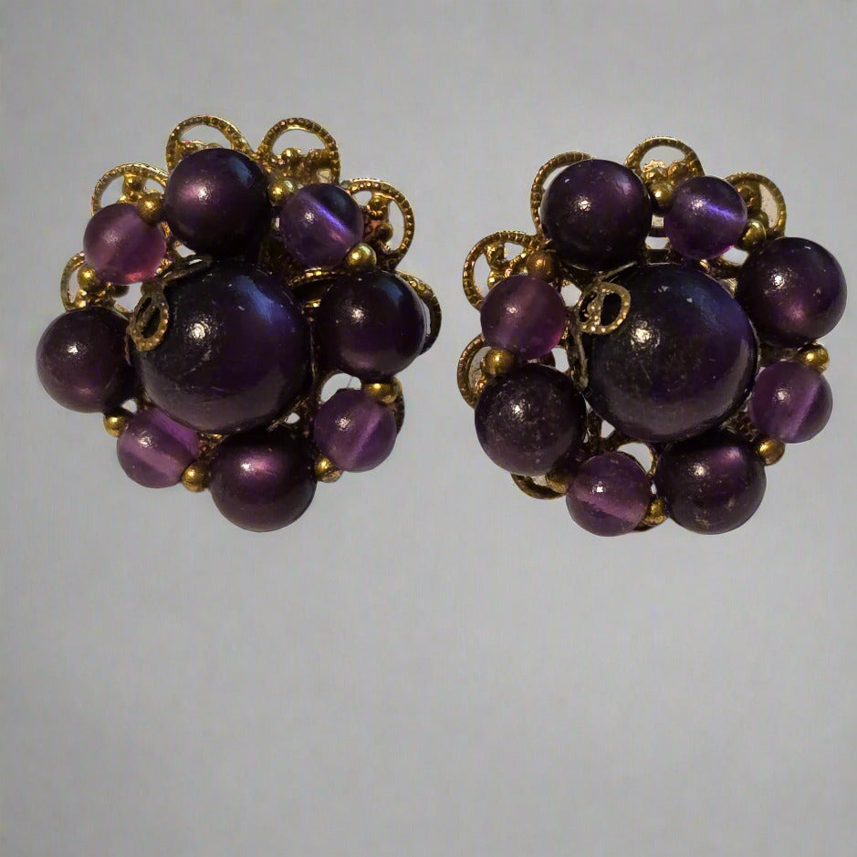 Vintage Purple Cluster Earrings – Beaded Clip-On Style