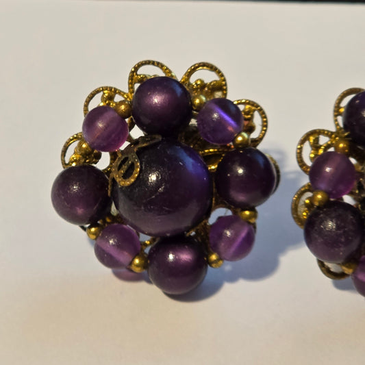Vintage Purple Cluster Earrings – Beaded Clip-On Style