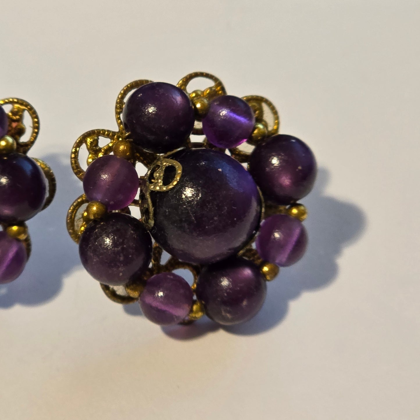 Vintage Purple Cluster Earrings – Beaded Clip-On Style