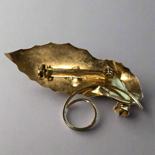 Vintage Gold-Tone Leaf Brooch with Faux Pearl Accent