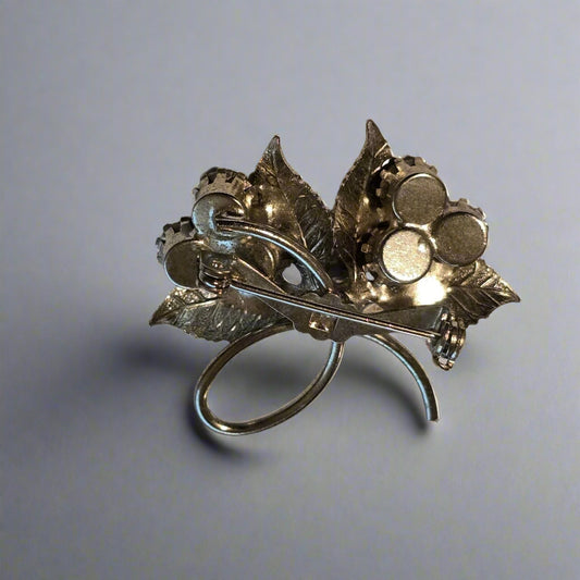 Vintage Silver-Tone Leaf Brooch with Rhinestone Accents