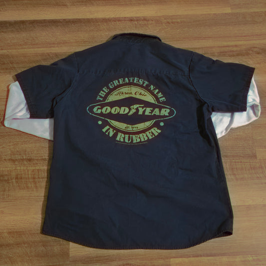 Goodyear Racing Work Shirt – Navy Blue Button-Up with Double Sleeve Look