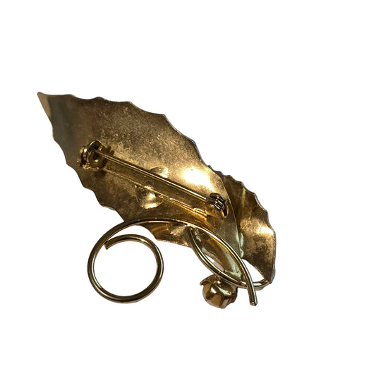 Vintage Gold Tone Leaf Brooch with Faux Pearl Mid Century Elegant Pin