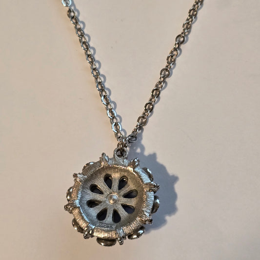 Vintage Avon Silver Tone Blue Glass Cabochon & Rhinestone Sunburst Pendant Necklace