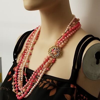 Vintage Pink 6 Strand Box Clasp Necklace