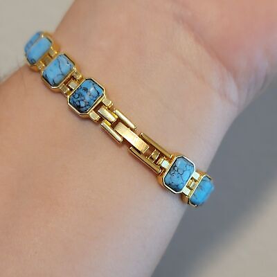 Gold Tone Magnet Faux Turquoise Bracelet