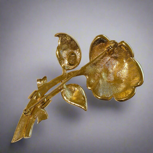 Nolan Miller Pave Rose Brooch – Gold Tone with Crystal Accents