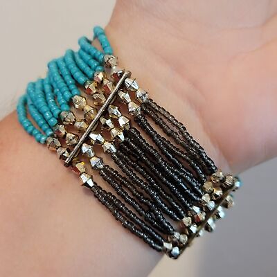 Black and Teal Beaded Stretch Bracelet