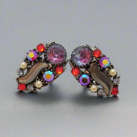 Vintage Starburst Glass Clip On Earrings Signed Florenza