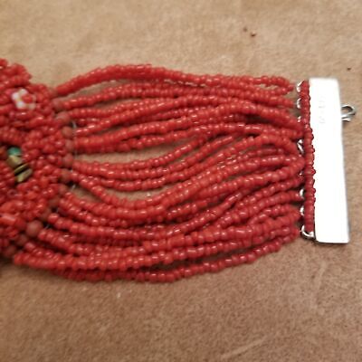 Vintage MaLee Coral & Turquoise Seed Bead Wide Bracelet – Floral Centerpiece