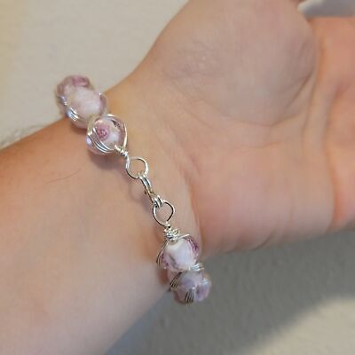 Handmade Pink Rose Glass Bead Wire Wrapped Bracelet