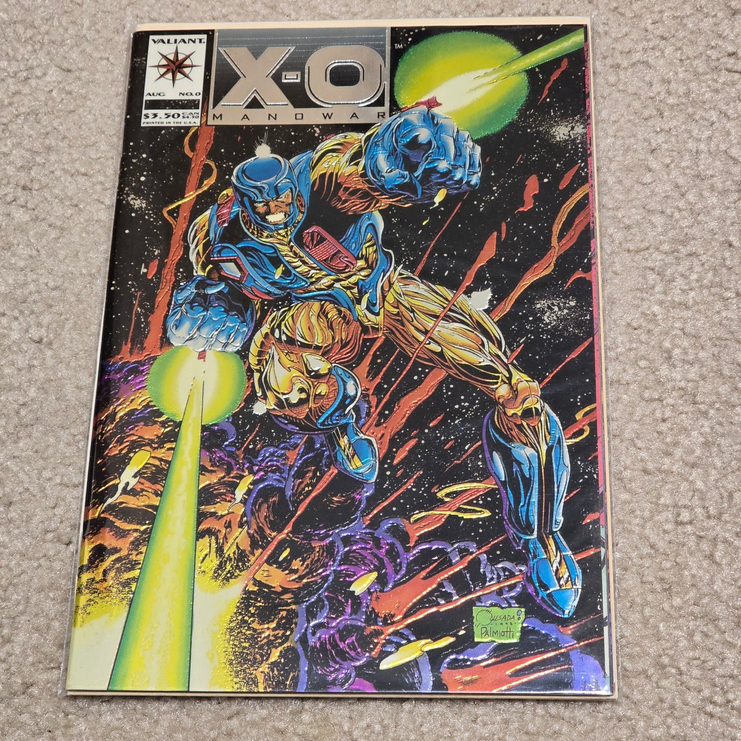 Comic book cover featuring a superhero with colorful design on a textured surface