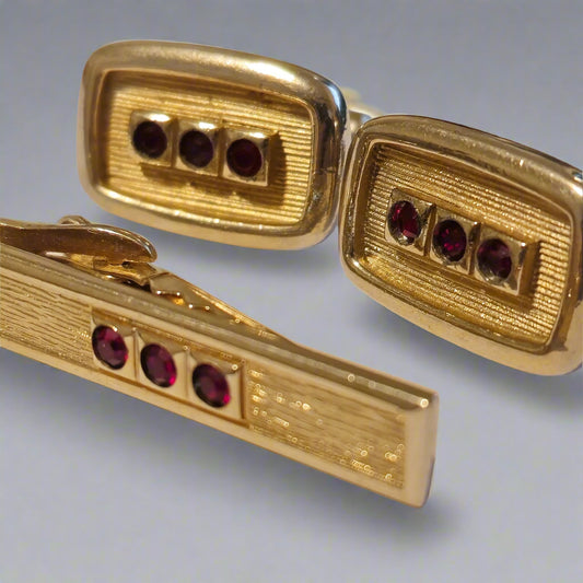 Vintage Red and Gold Cufflinks & Tie Clip Set – Mid-Century Men’s Jewelry