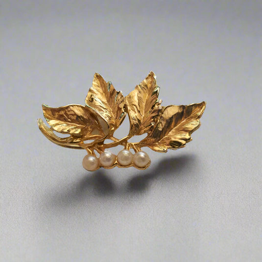 Vintage Gold Tone Pearl Leaves Brooch