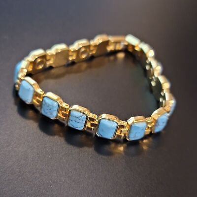 Gold Tone Magnetic Faux Turquoise Link Bracelet