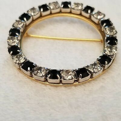 Vintage Round Wreath Rhinestone Black & Clear Brooch