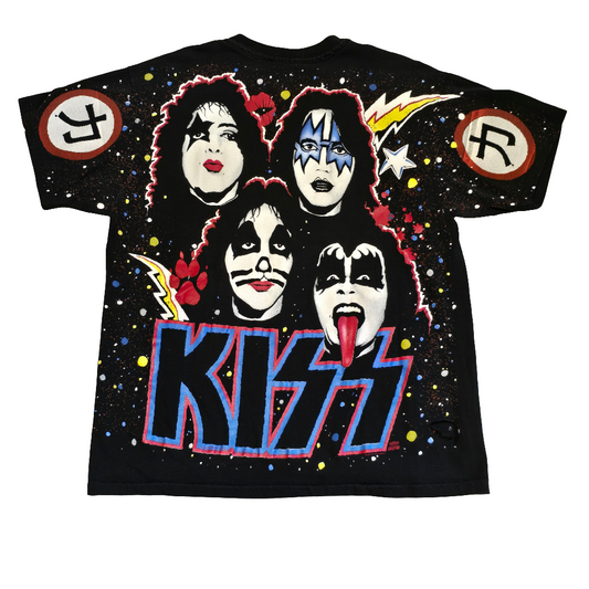 Vintage 1992 KISS Band T-Shirt Hanes Rock Tee All Over Print Faces Hole Back