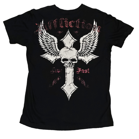 Affliction Cross Graphic T-Shirt Black Large Made in USA Biker MMA Rock Tee
