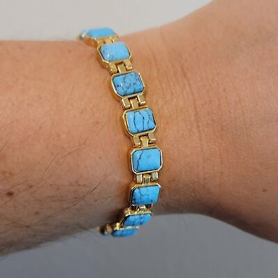 Gold Tone Magnetic Faux Turquoise Link Bracelet