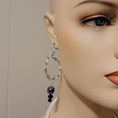 Handmade Twisted Silver And Purple Hoop Dangle Earrings