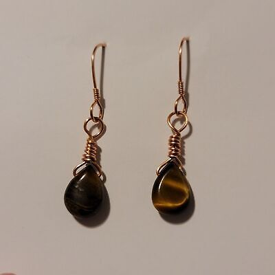 Handmade Copper Tear Drop Tigers Eye Dangle Earrings