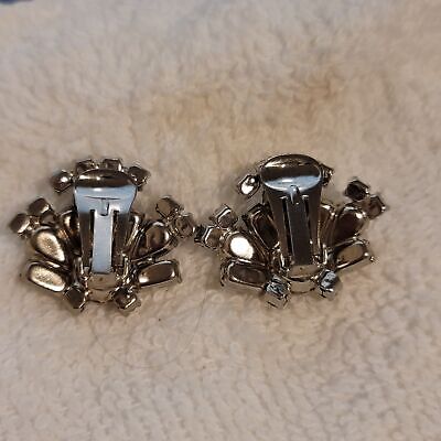 Vintage Silver Tone Rhinestone Clip On Earrings