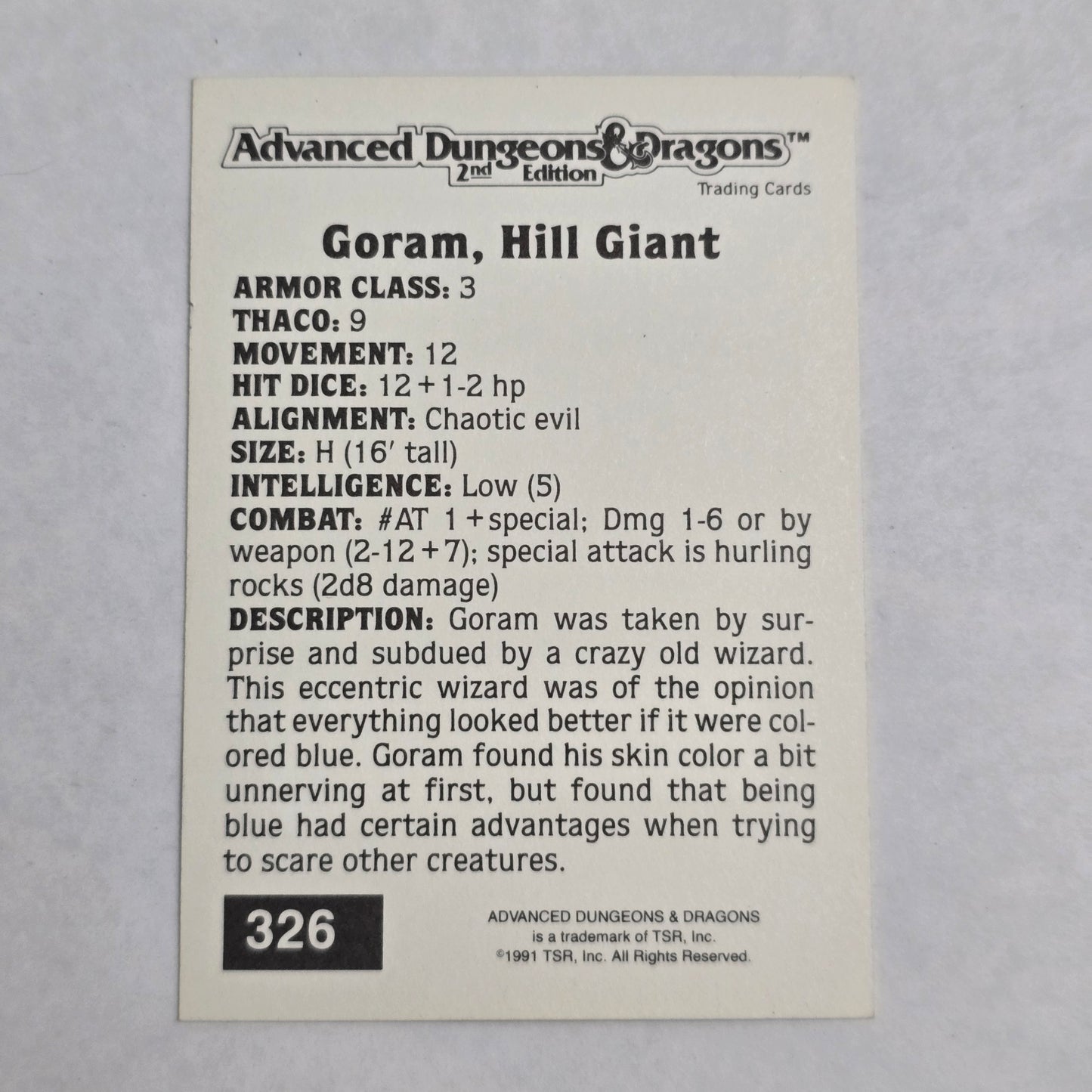 AD&D 2E Trading Card — Goram, Hill Giant (#326) — Gold Border Series (1992)