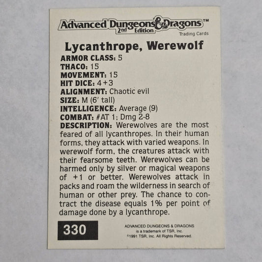 AD&D 2E Trading Card — Lycanthrope, Werewolf (#330) — Gold Border Series (1992)