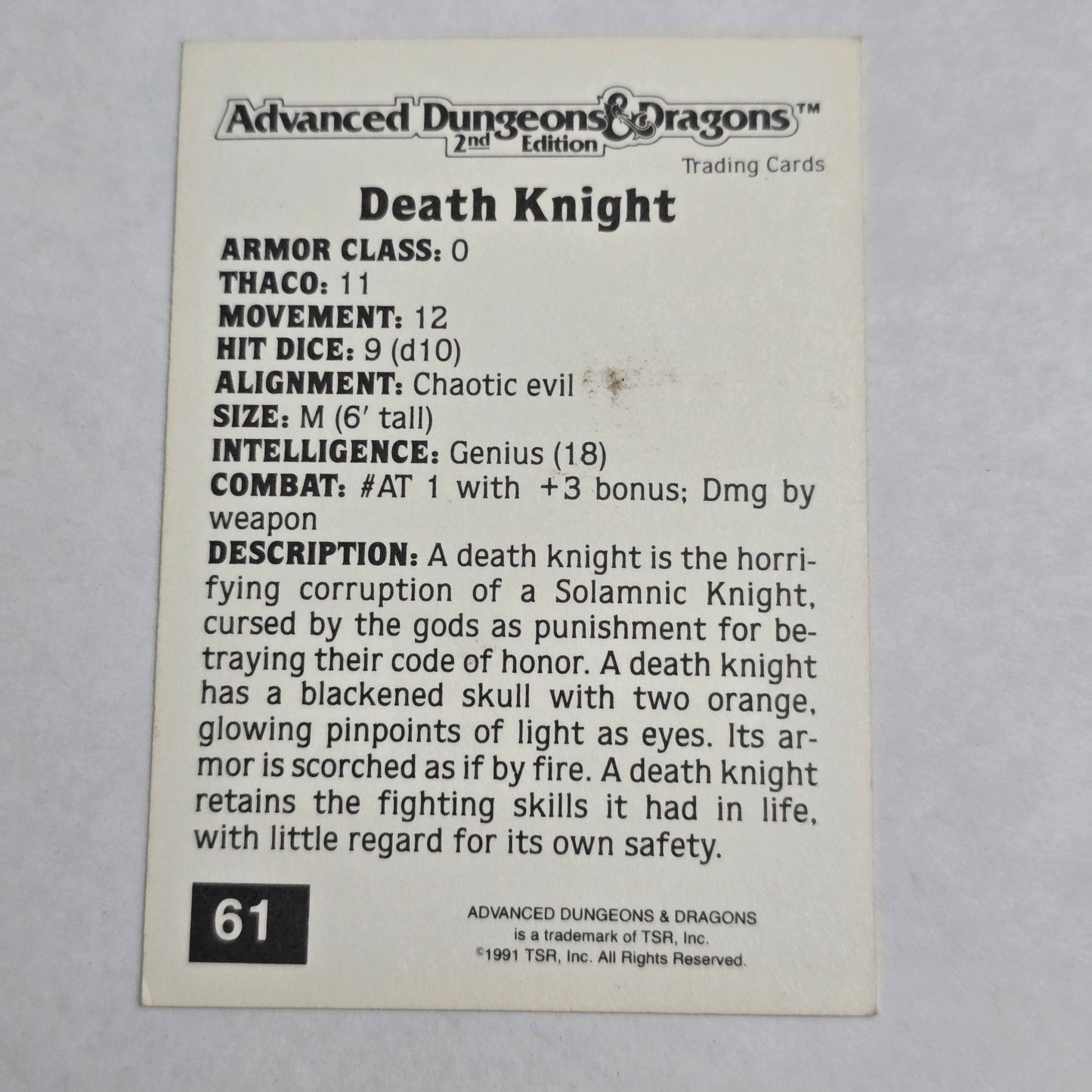 Advanced Dungeons & Dragons 2nd Edition – Death Knight – Card #61 (1991 TSR) – Gold Border